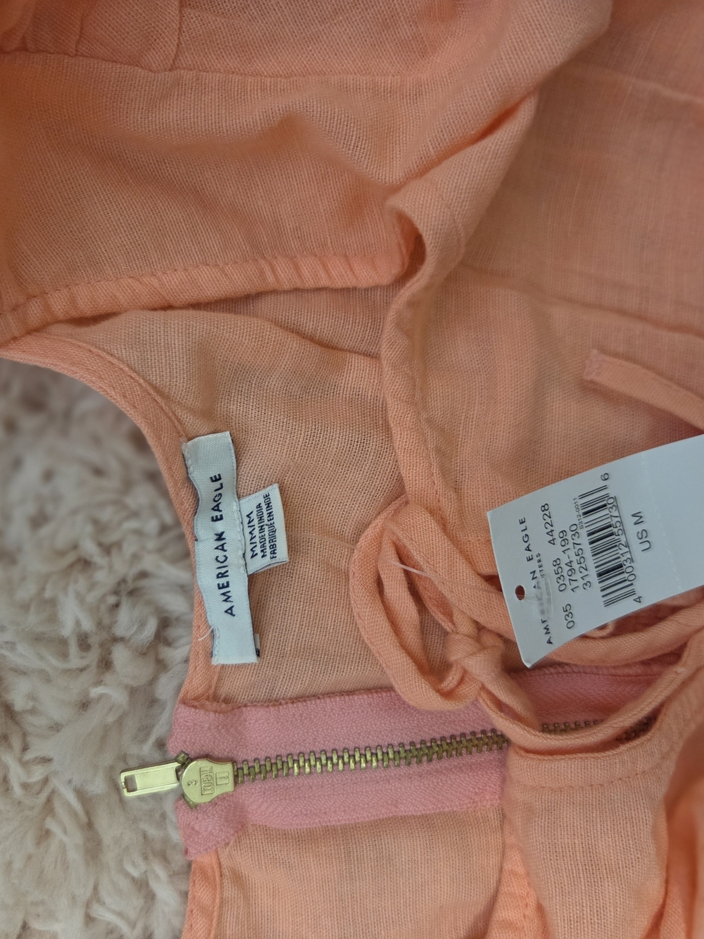 American Eagle Outfitters Peach Linen-Blend Tank with Gold Zip Accent